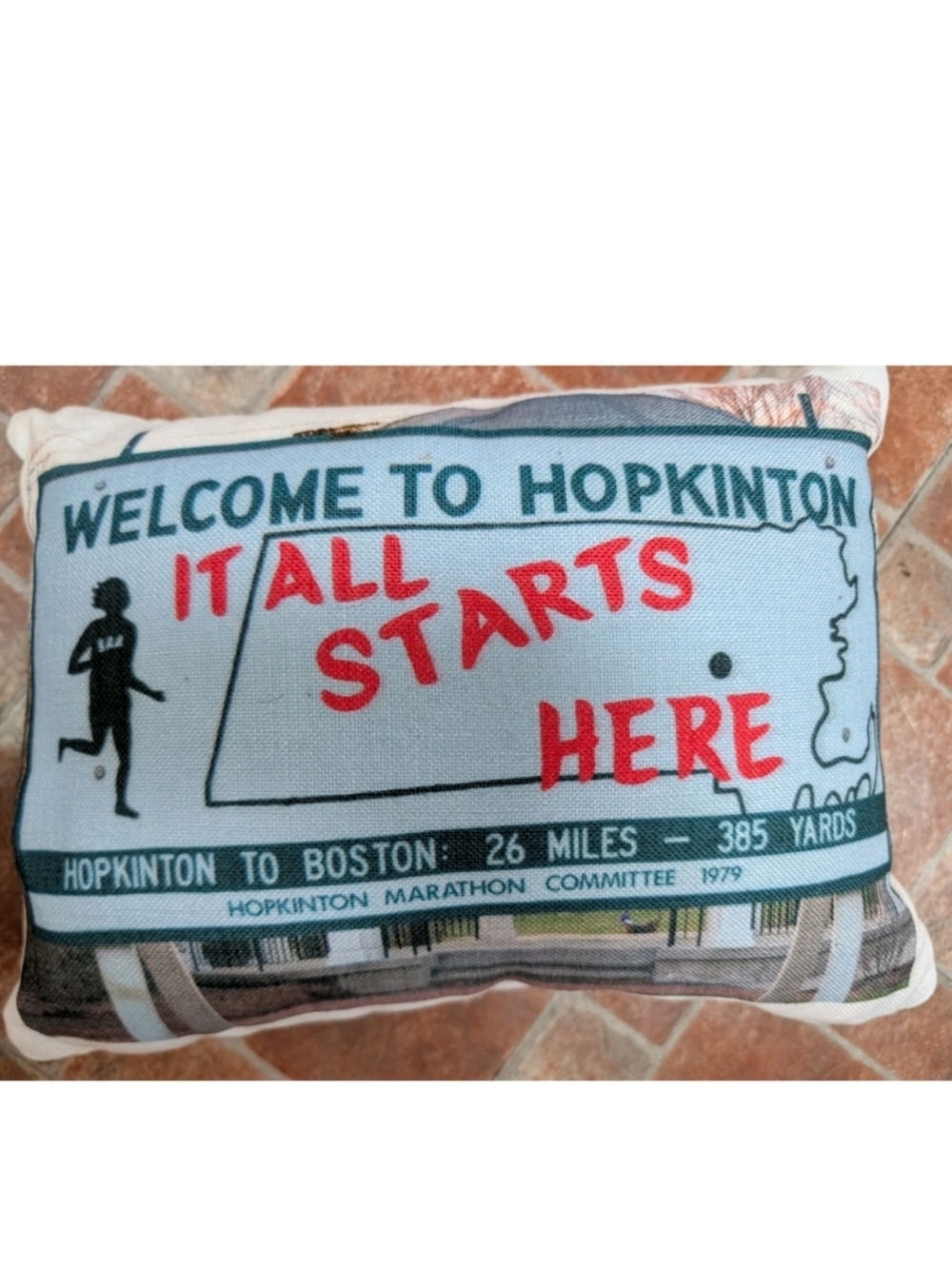 Hopkinton Marathon 'It All Starts Here' Accent Pillow - Blue & Red 14 x 10